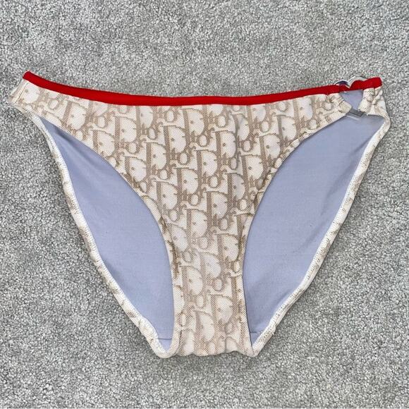 S AUTH VTG Christian Dior Tan Red Charm Trotter Logo Print Bikini Swimsuit - Picture 9 of 16